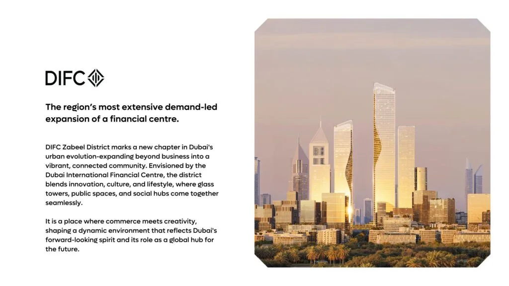 Cityscape of modern glass skyscrapers at sunset