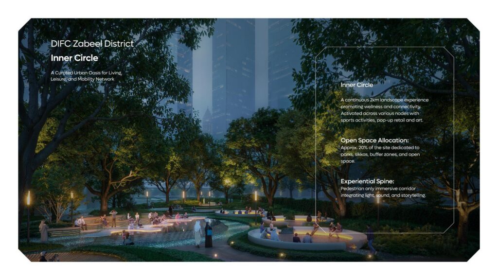 Park area with trees, water features, and seating spaces