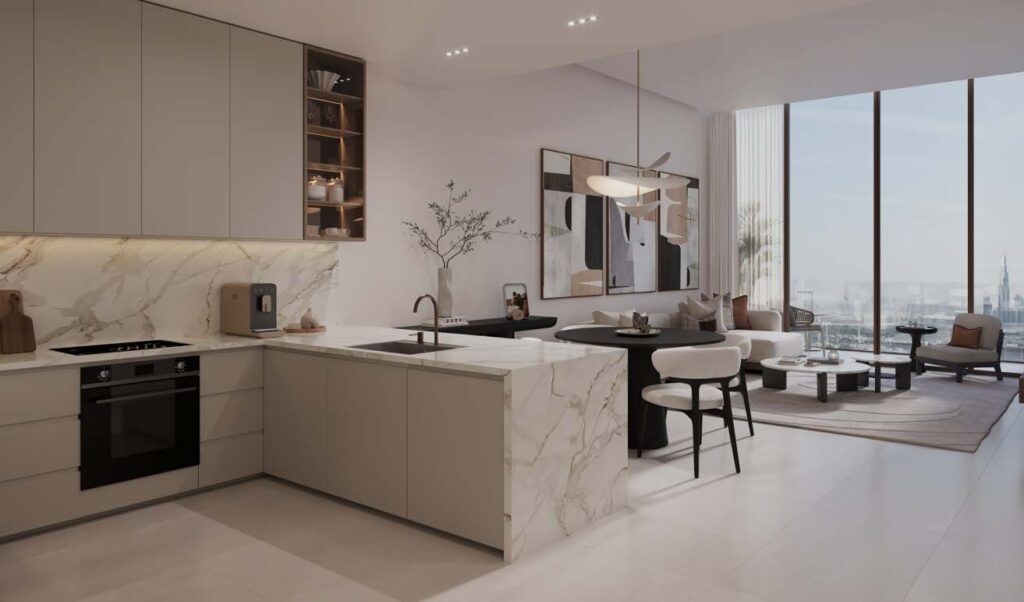 modern kitchen and living room with large windows and city view