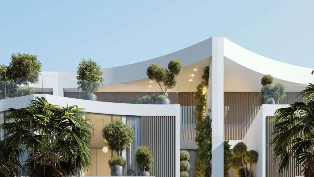 Exterior view of modern villa with trees and plants