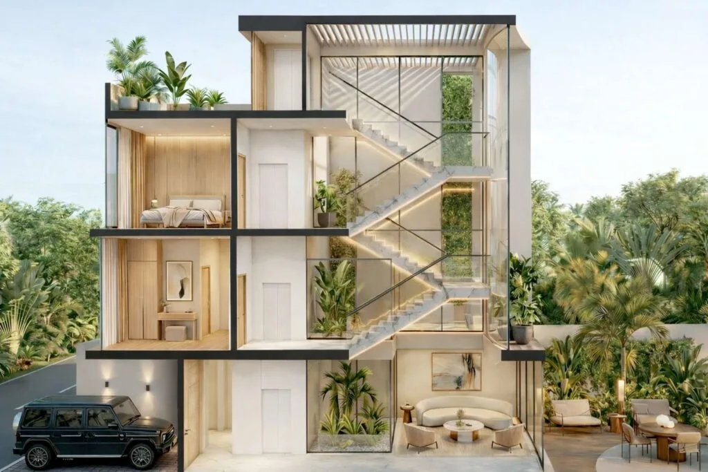 Cross section render of modern three-story residential building