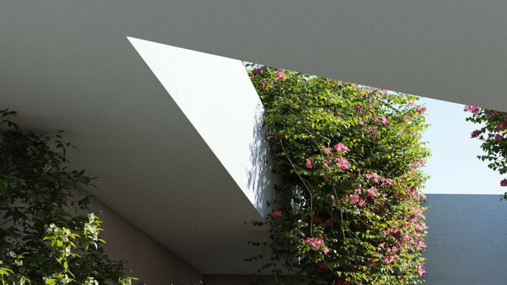 Exterior view of villa with flowering plants and open roof