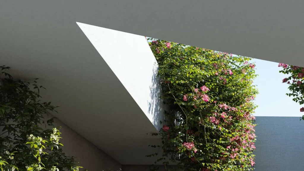 Exterior view of villa with flowering plants and open roof