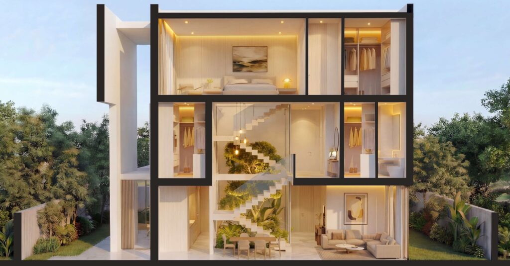 Cross section render of three-story house with staircase and furniture