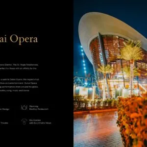 Exterior night view of Dubai Opera building with palm trees