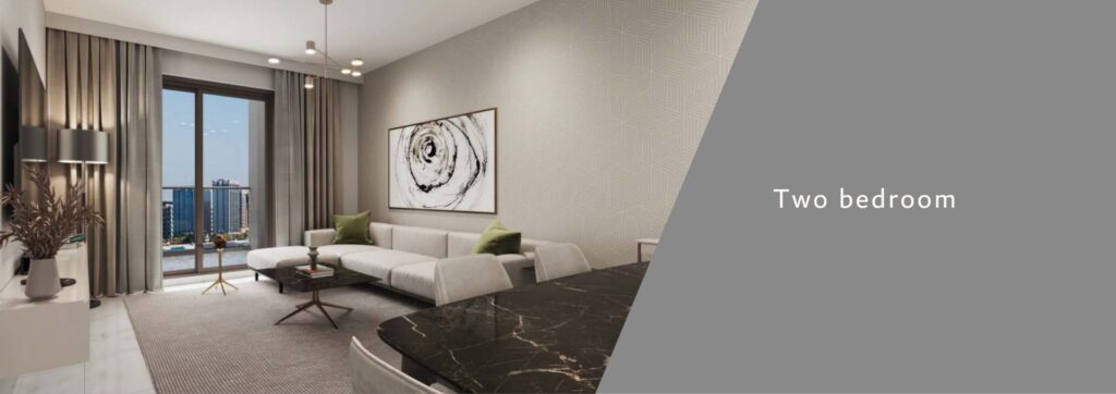 Interior render of two bedroom apartment living room and dining area