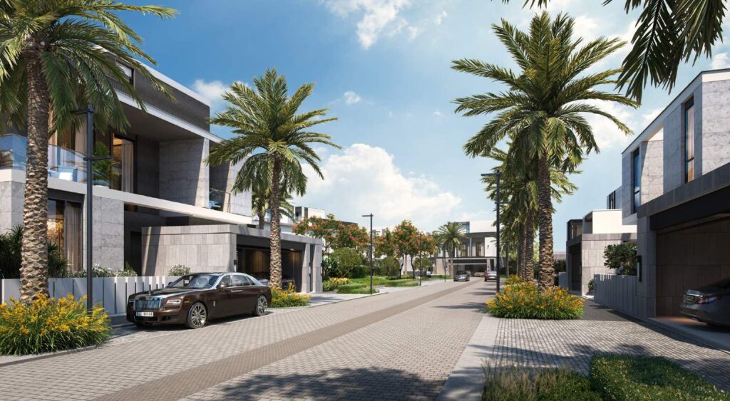 Street view of modern villas with palm trees and parked cars