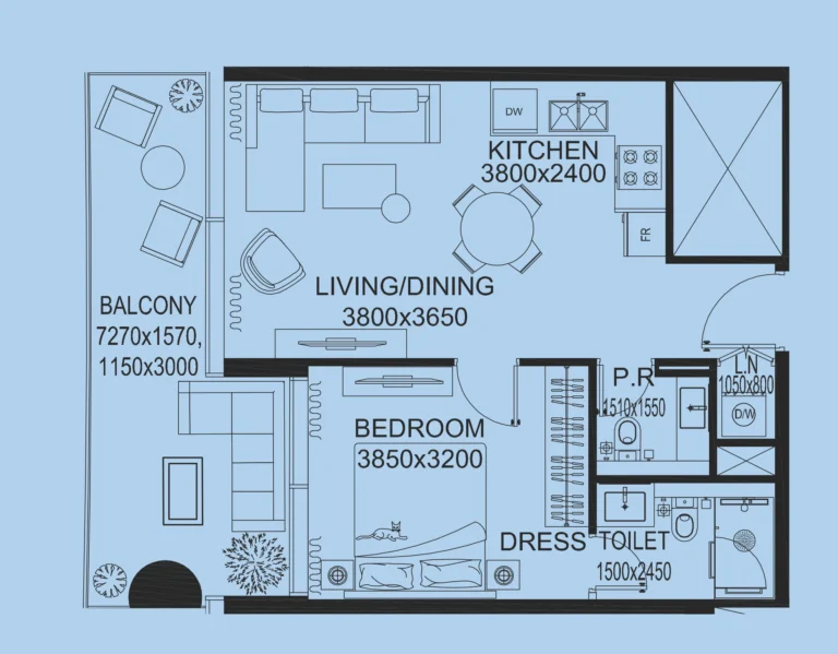 The WOW Tower floor plan 1 BR · 670–842 sqft