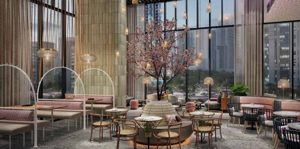 Lounge seating area with large windows at The One Jumeirah Village Triangle Dubai