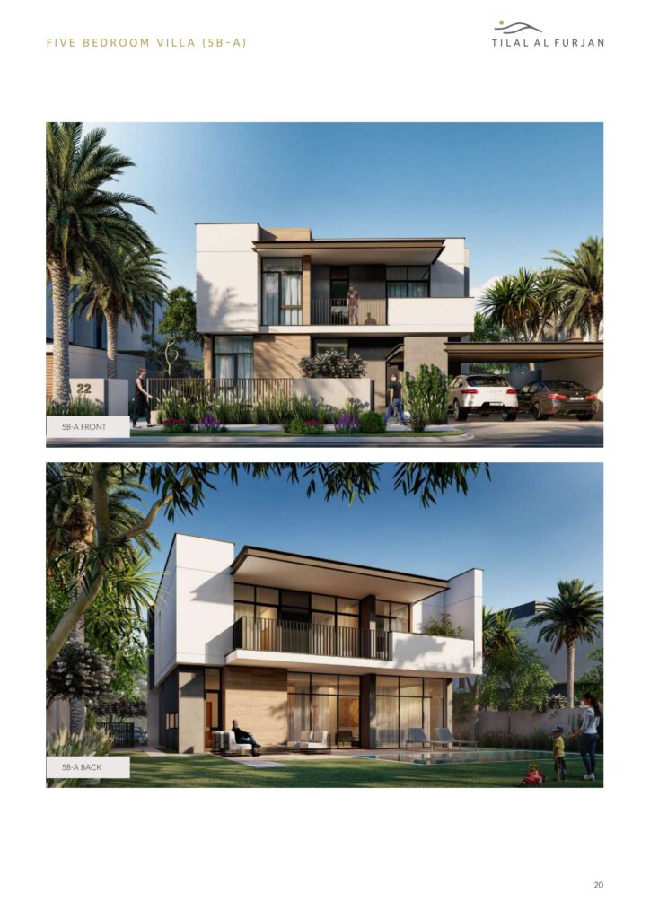 front and back exterior views of a modern two-story villa with garden