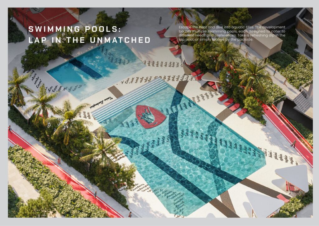 Aerial view of two swimming pools with surrounding greenery and lounge chairs