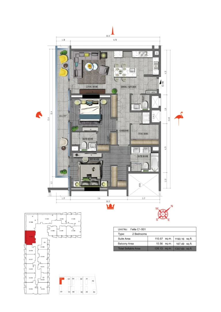 Tonino Lamborghini Residences floor plan 2 BR · 1358 sqft