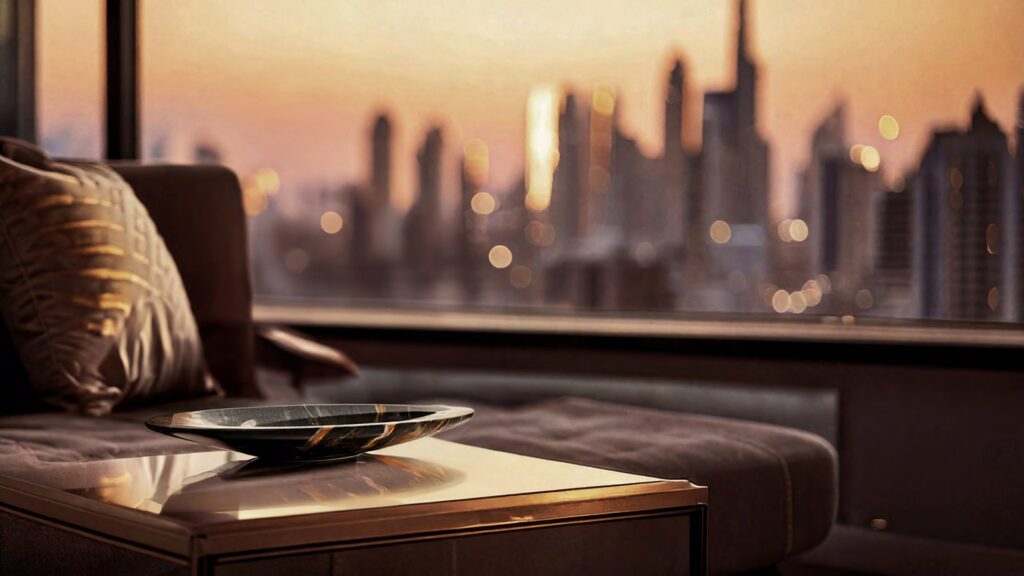 Interior view of sofa and table with city skyline at sunset