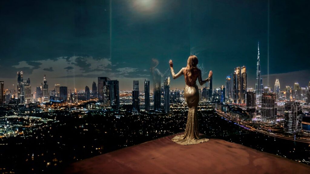 Woman in evening dress overlooking Dubai city skyline at night