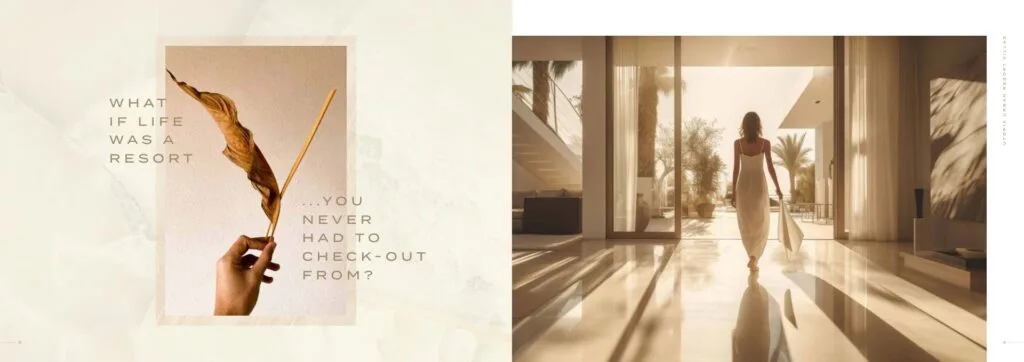 Interior view of a sunlit room with large glass doors and palm trees outside