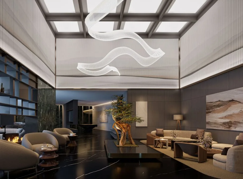 Two modern interior lounge areas with seating and decorative lighting