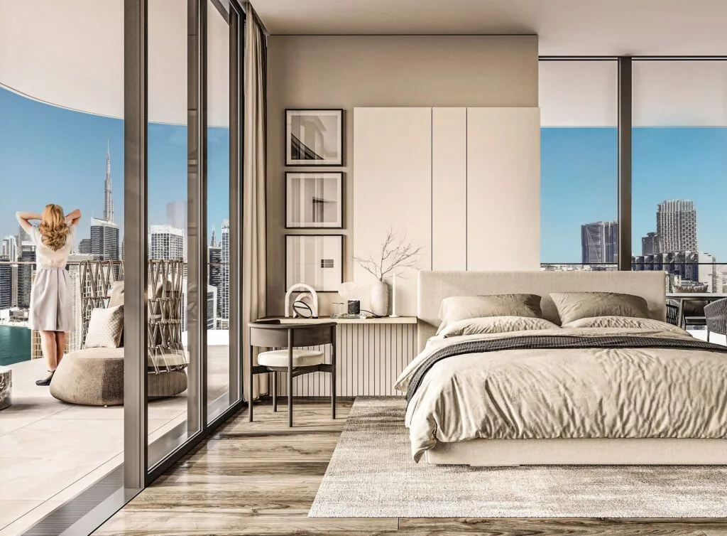 bedroom interior with large windows and city view