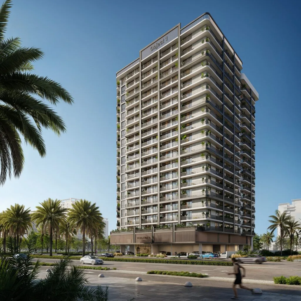 High-rise residential building with palm trees and street view