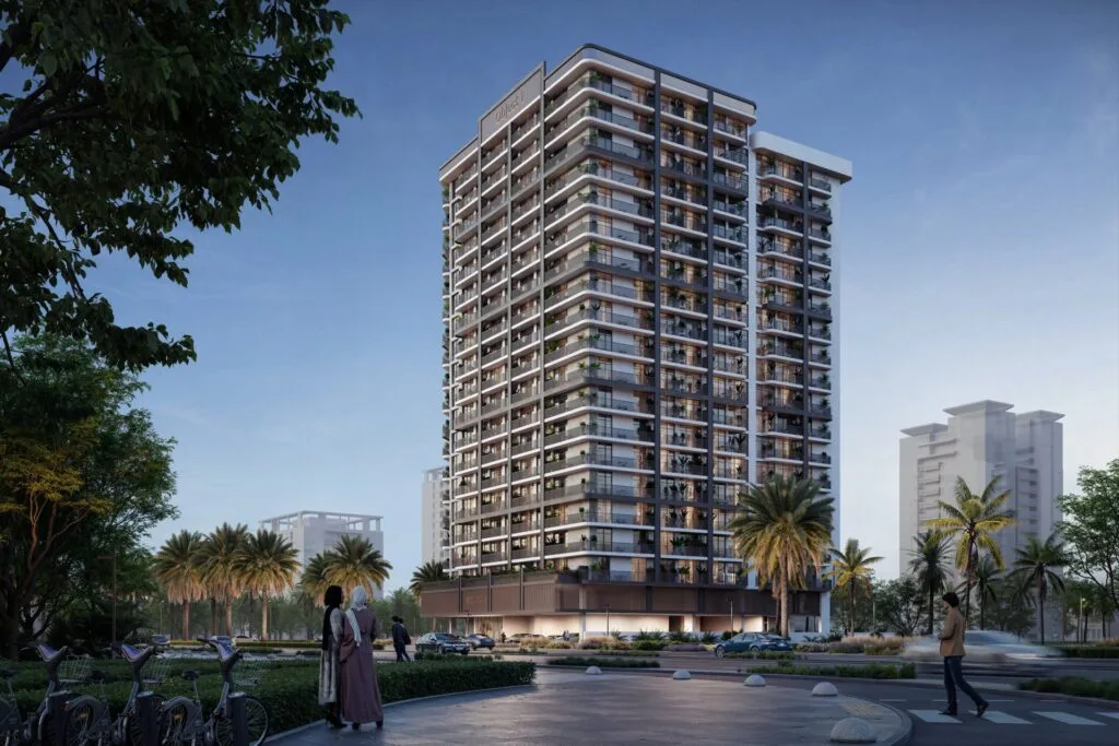 High-rise residential building with palm trees and people walking