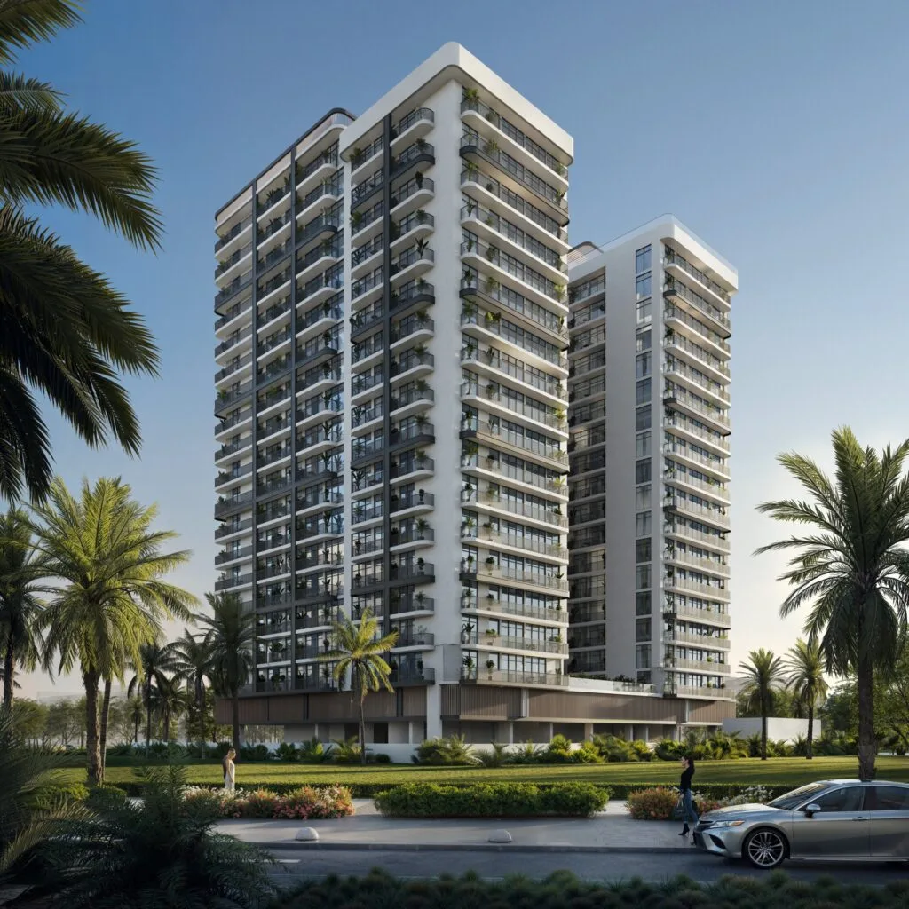 Exterior view of two modern residential towers with palm trees