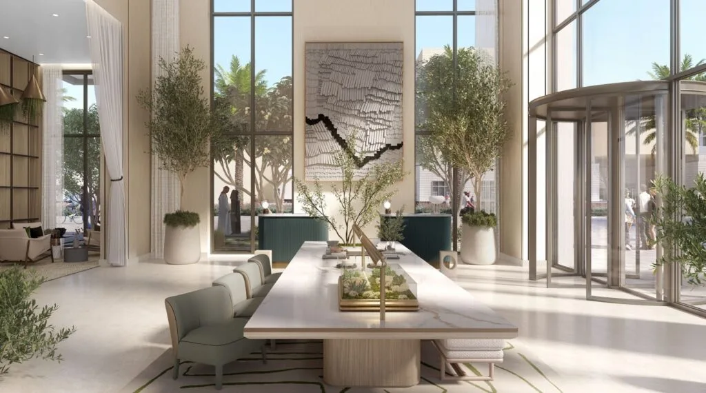Interior render of a spacious lobby with large windows and seating