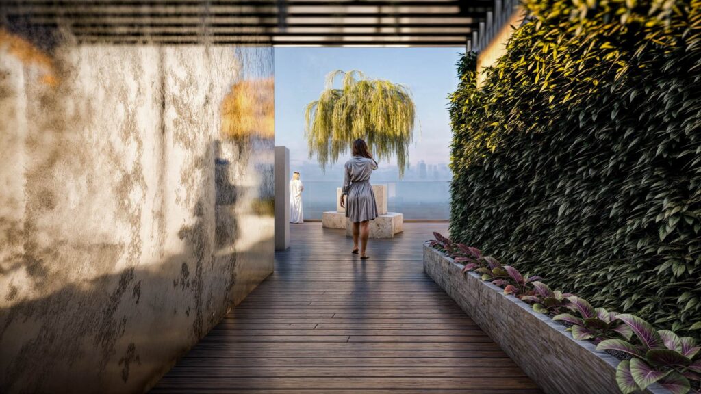 Outdoor wooden deck with plants and a tree in the distance