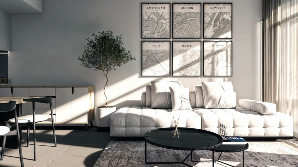 Modern living area with white sofa, coffee tables, and framed city maps