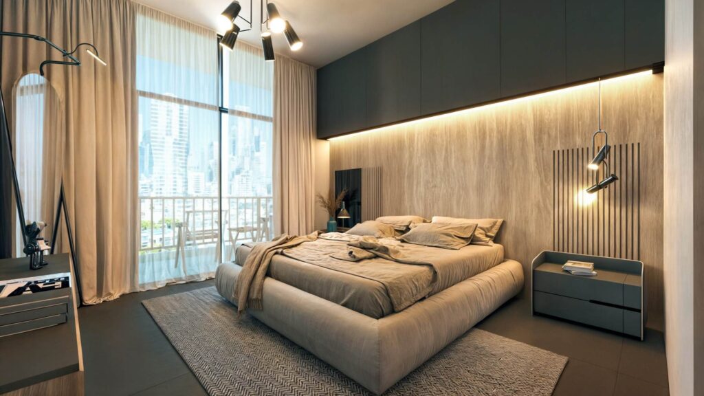 Modern bedroom interior with large bed and balcony view