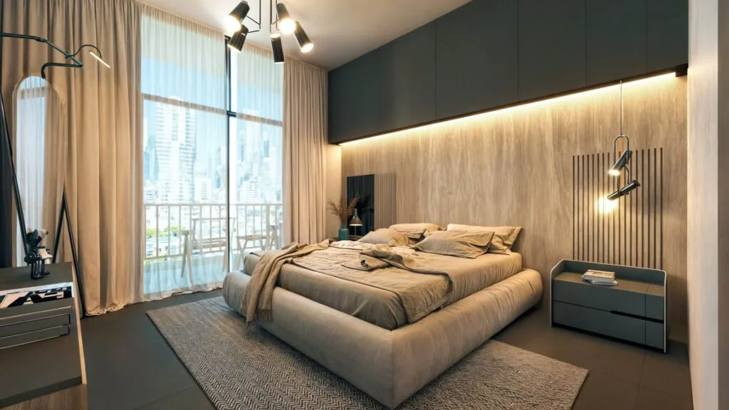 Modern bedroom interior with large bed and balcony view