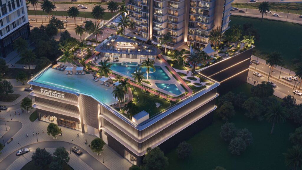 Aerial view of building rooftop with pool and labeled amenities