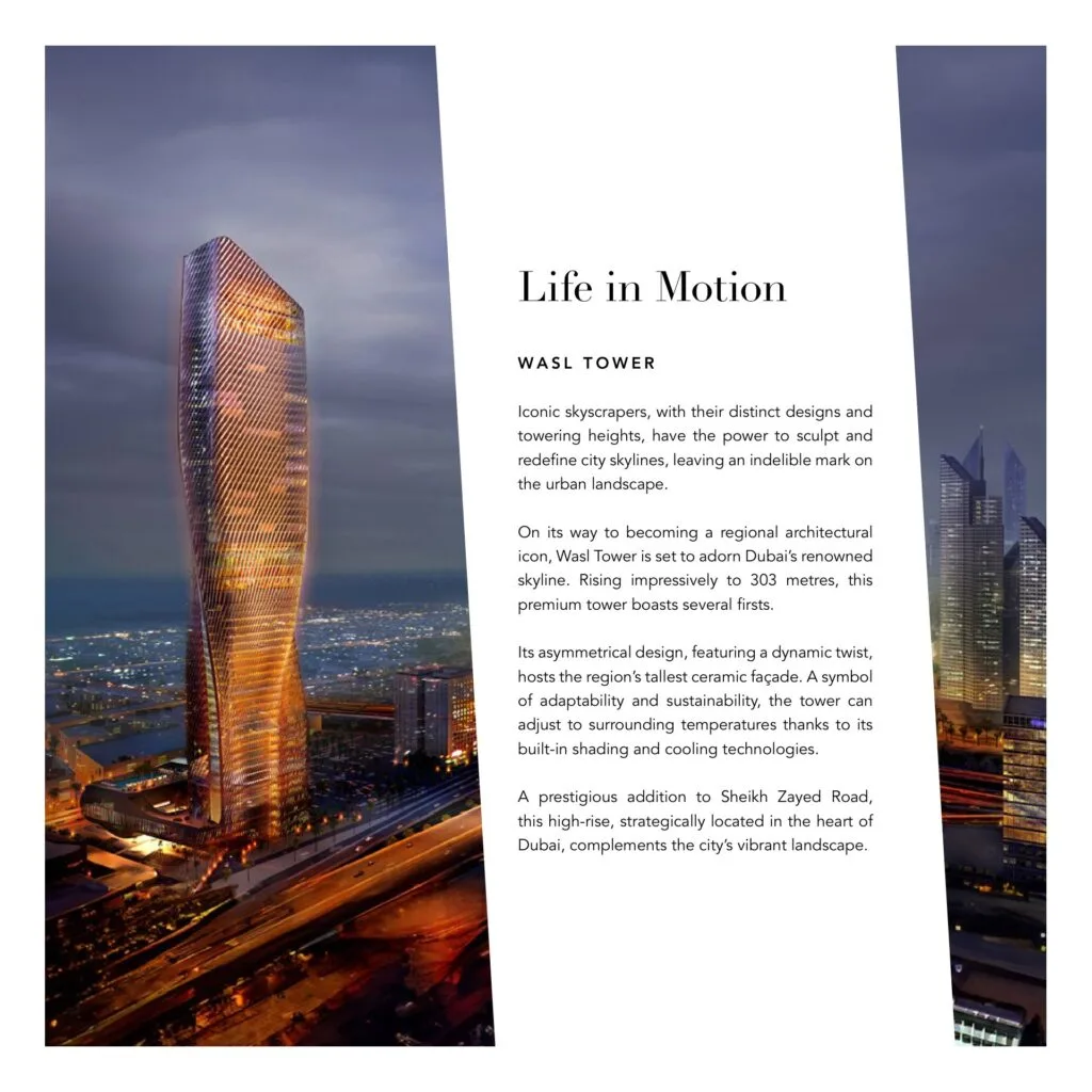 Tall skyscraper with dynamic twist design at dusk