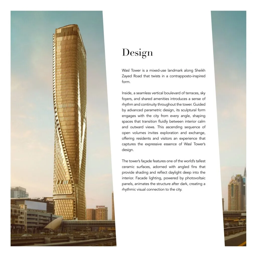 Tall twisting tower with ceramic facade in cityscape