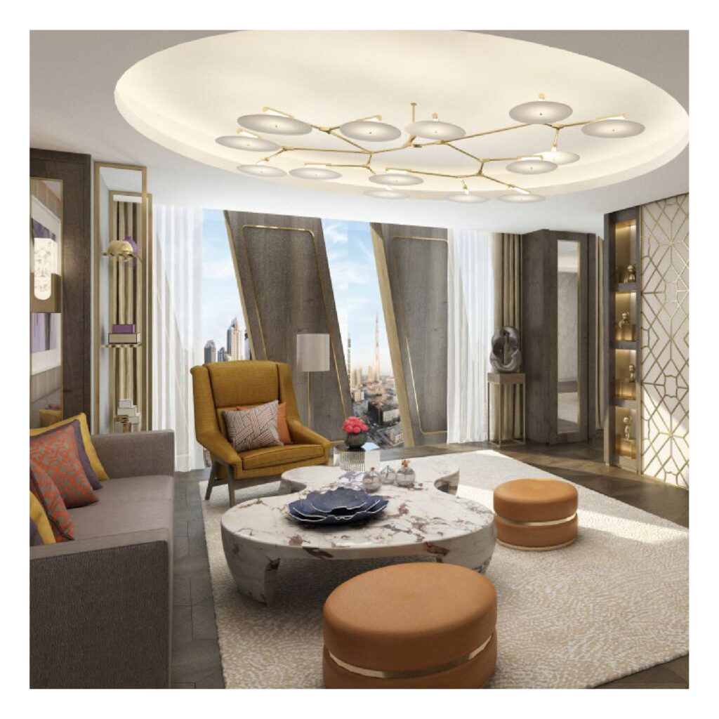 Modern living room interior with large windows and city view