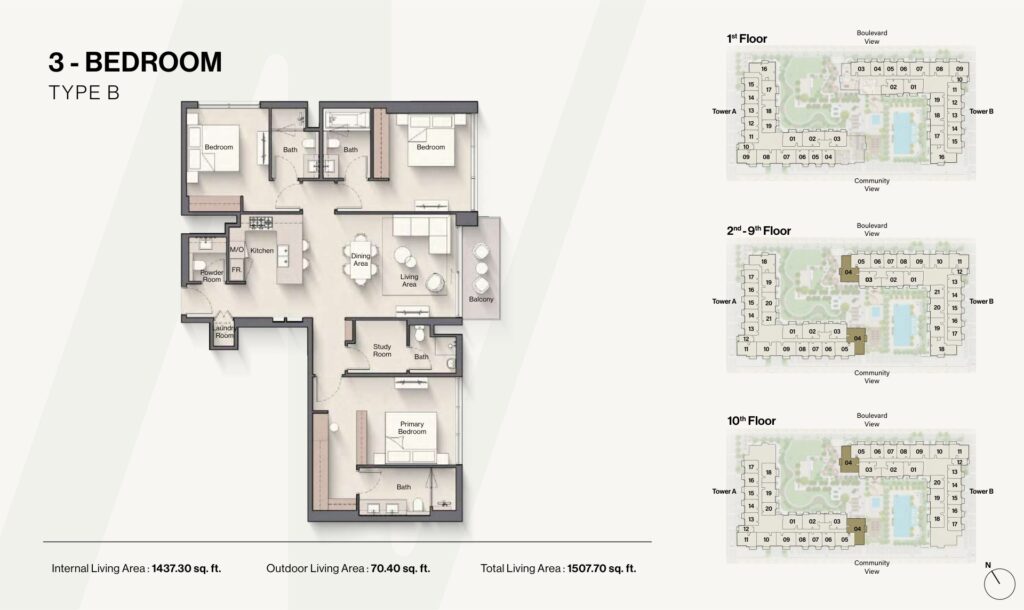 3-bedroom apartment floorplan with living, dining, study, and balcony