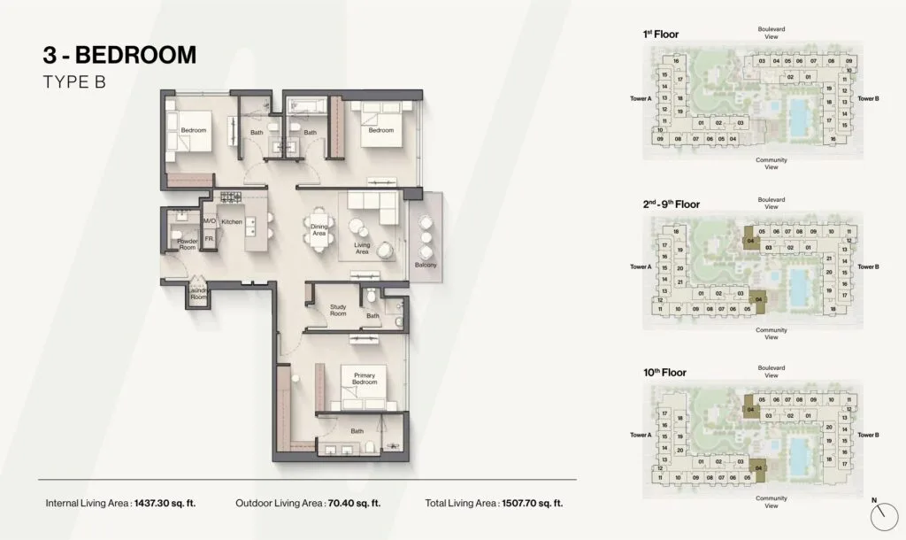 3-bedroom apartment floorplan with living, dining, study, and balcony