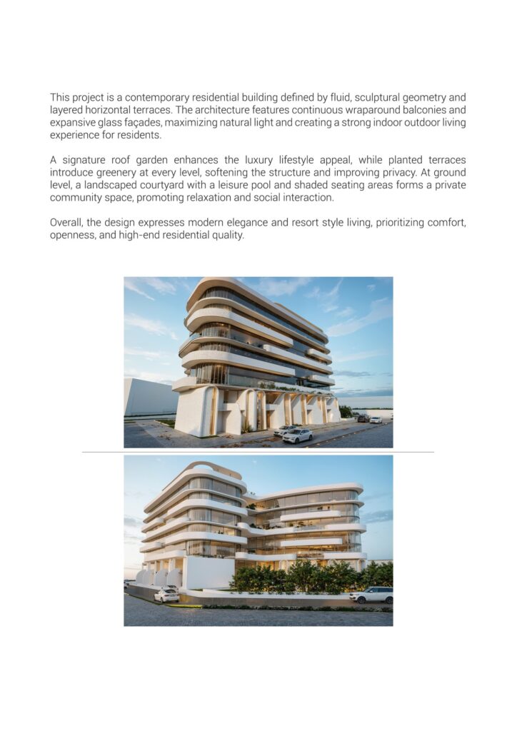 Contemporary residential building with curved balconies and terraces